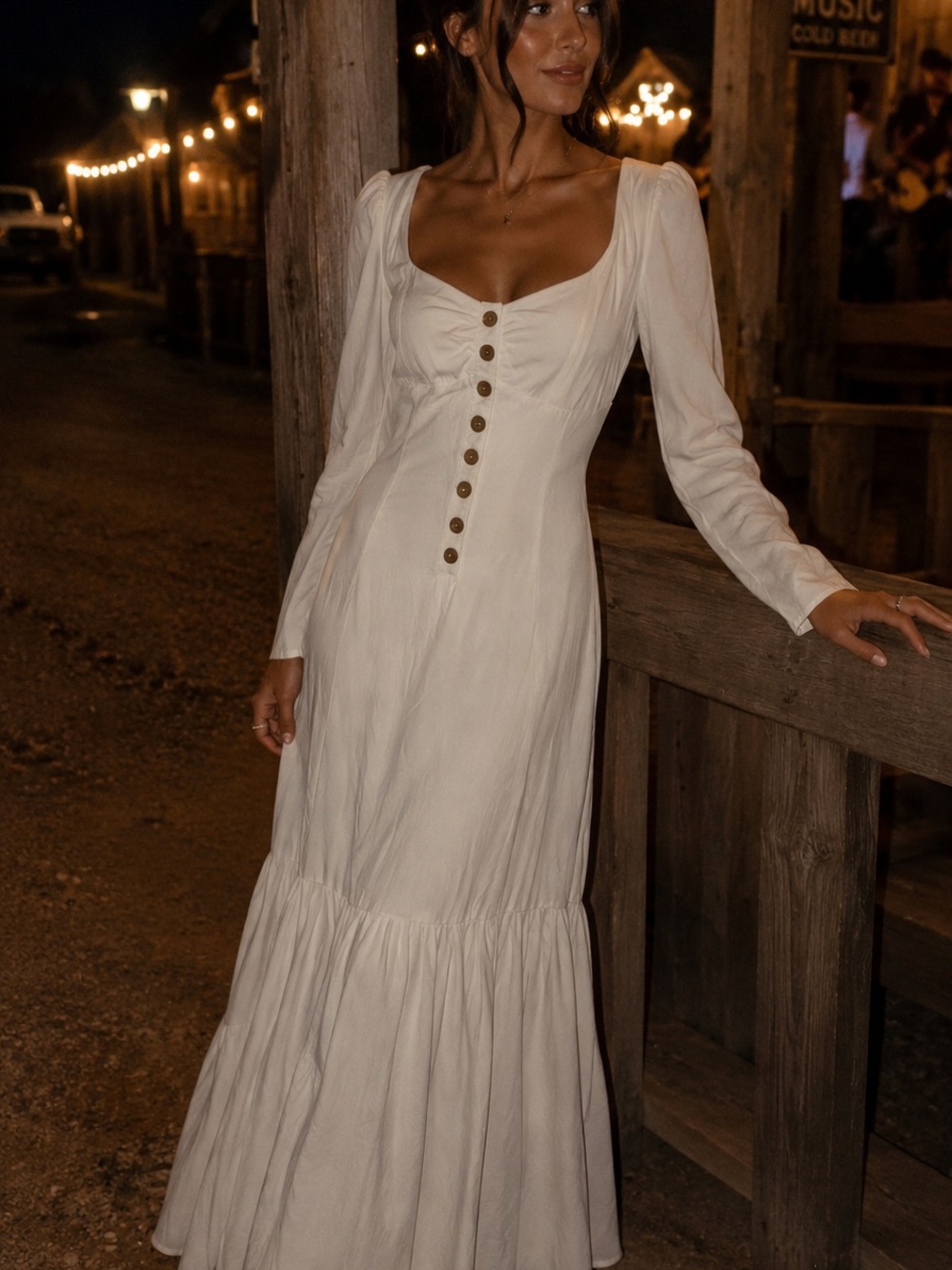 Button-Front Long Sleeve Maxi Dress